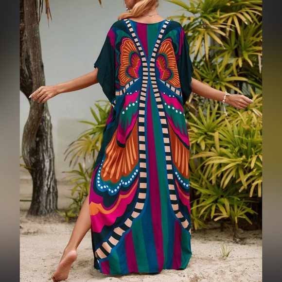 Boho Vibrant Butterfly Print Slit Kimono Kaftan Dress - Picture 2 of 12